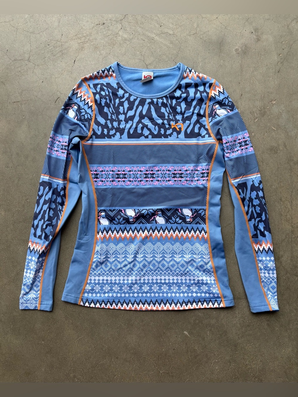 Kari Traa Lilja Base Layer Long Sleeve Top Blue Puffin Nordic Pattern Small